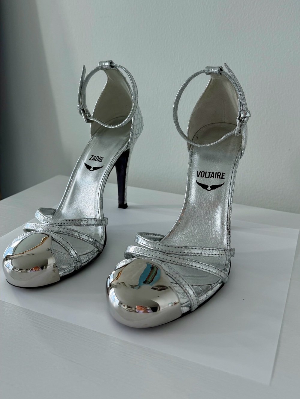 Zadig & Voltaire Silver Metallic Snake Embossed Strappy Sandal Metal Toe Cap